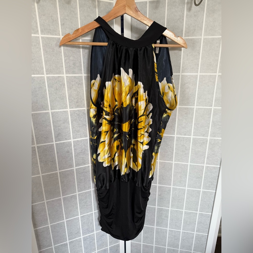 Trac Black and Yellow Floral Halter Neck Blouse, Size Medium.